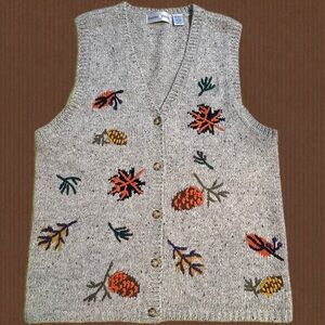 VINTAGE 90s earthy fall leaf pine tree pinecone knit sweater cardigan vest wool
